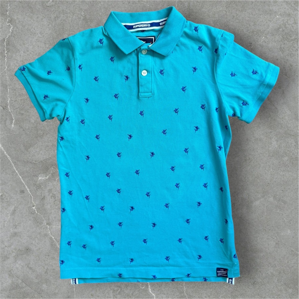 Superdry Co. Turquoise Polo Shirt Mens‎ Size Medium Marlin Fish Print Casual